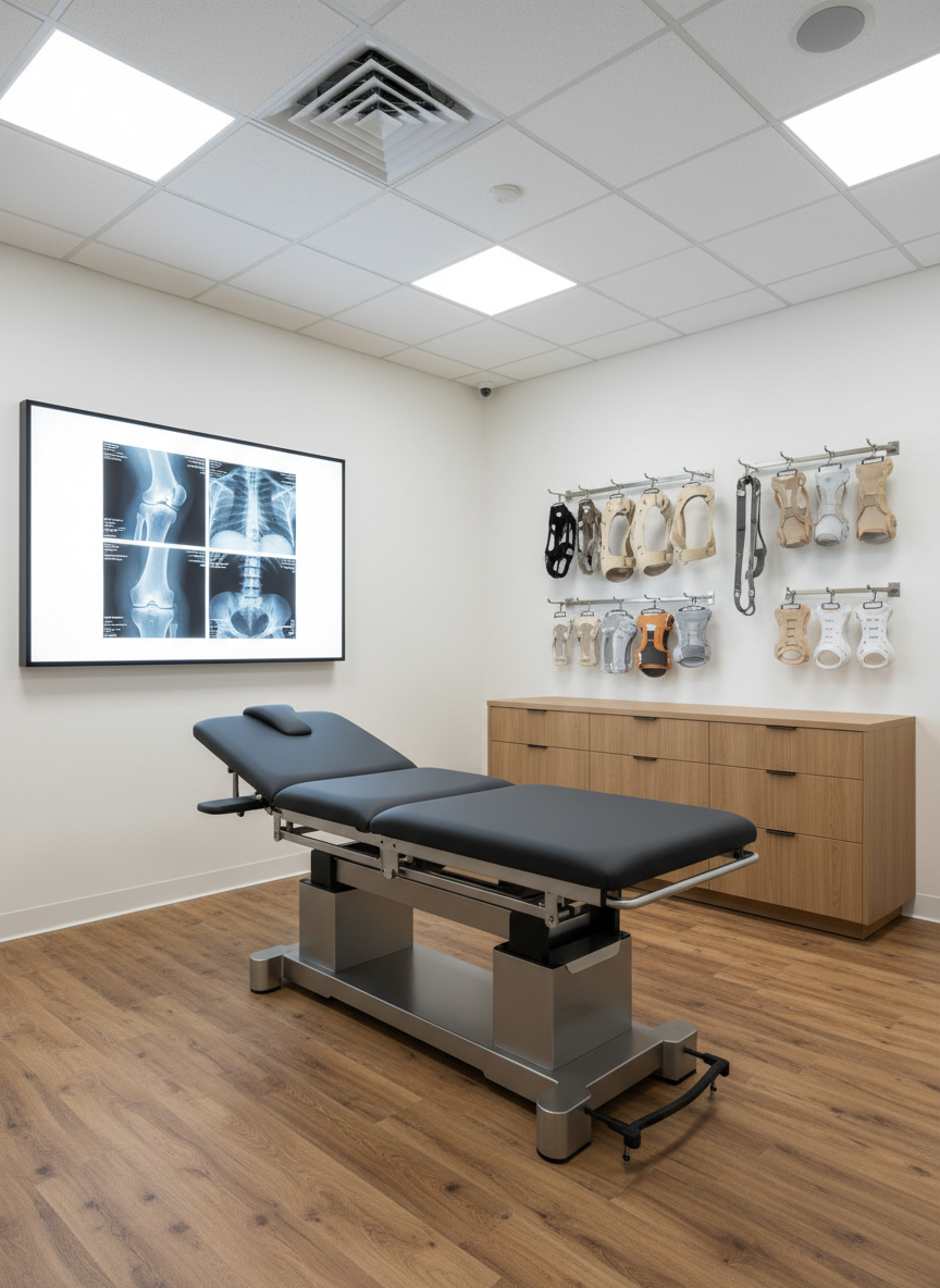 A dedicated orthopedics room showcasing a modern adjustable examination table with dark charcoal upholstery and brushed aluminum supports, positioned beside a wall-mounted lightbox displaying detailed X-ray images of joints and spine. On the opposite wall, a rack of neatly arranged orthopedic braces and supports in neutral colors hangs above a small cabinet with organized drawers. The floor is covered in warm-toned vinyl that mimics wood, adding subtle comfort to the clinical space. Cool, even ceiling-mounted LED lighting creates minimal shadows and highlights the textures of the equipment. Photographic realism, eye-level composition with moderate depth of field, conveying precision, structure, and confidence in musculoskeletal care without any human presence.