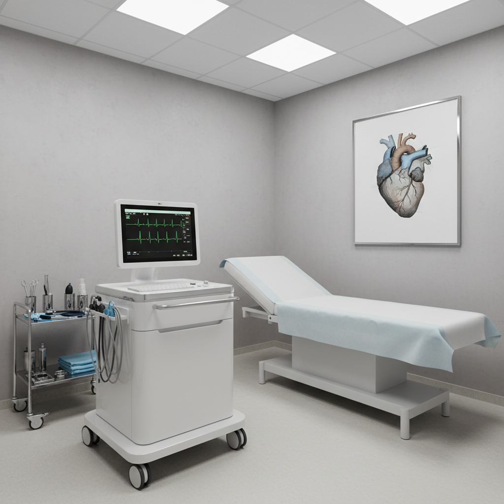A state-of-the-art cardiology examination room centered on a sleek, high-tech ECG machine on a mobile white cart, its screen glowing softly with a clear heart rhythm trace. Nearby, a pristine white examination bed with crisp, neatly folded light-blue disposable paper contrasts against a soft gray wall featuring an anatomical heart diagram in muted tones. Stainless-steel instruments are organized on a small side table, all surfaces perfectly clean. Overhead LED panel lighting casts even, shadow-free illumination, enhancing the clinical precision of the scene. Photographic realism from a slightly elevated angle with sharp focus, emphasizing order, safety, and advanced cardiovascular care in a serene, professional atmosphere.